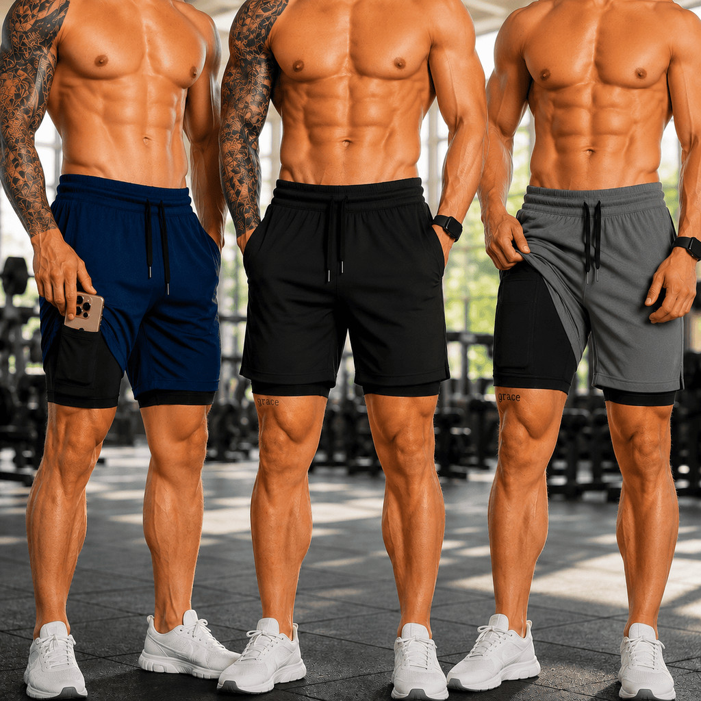 Kit 3 Shorts 2 em 1 Compressão Bermuda Masculina Academia Treino Bolso Celular