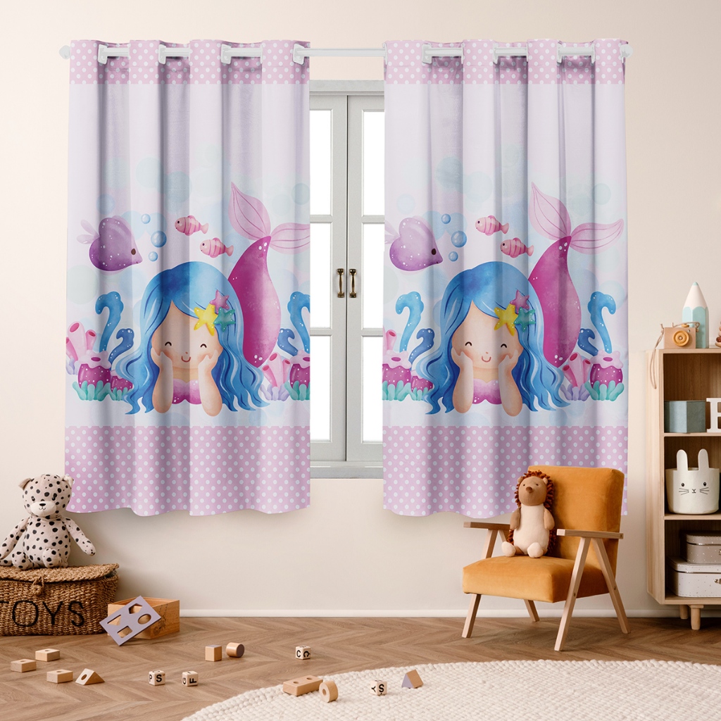 Cortina 2,00 X 1,50 Estampa Infantil Exclusiva para Quarto ( Menina, Bebê, Criança) - SEREIA BABY