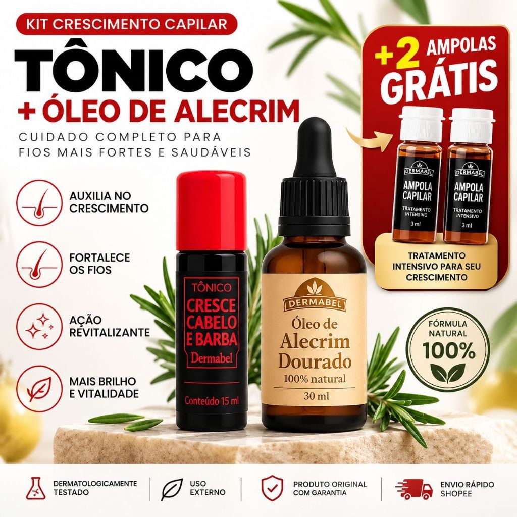 Kit Crescimento Capilar Barba e SobrancelhaTônico + Óleo  30 ml de Alecrim Ganhe 2 ampolas Grátis Dermabel
