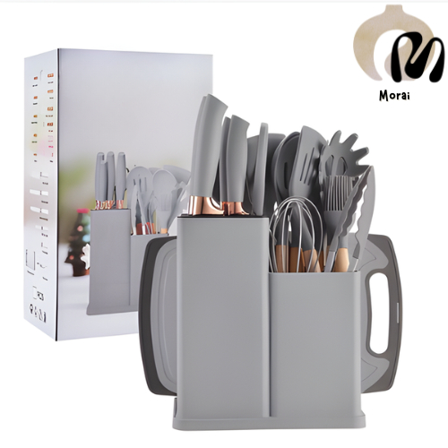 Kit Utensílios de Cozinha 12/19 Peças • Silicone com Cabo de Madeira • Completo e Resistente