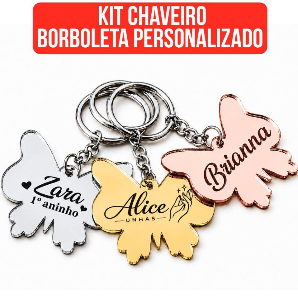 Kit Chaveiros Borboleta em Acrílico Espelhado NOME/FRASE/LOGO PERSONALIZADO Presente Lembrancinha