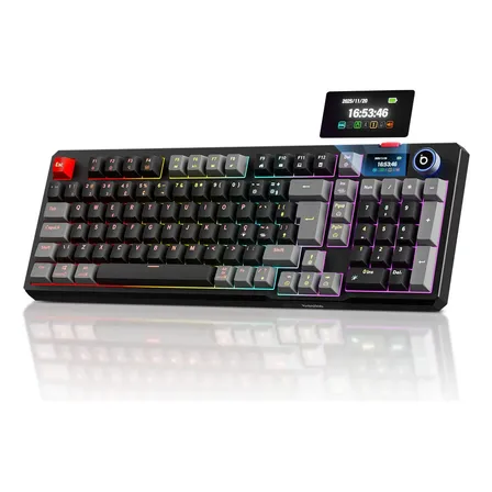 Teclado Mecânico Sem Fio Com Tela, Tri-Mode Bt5.0/2.4 G/Usb-C, Rgb Teclado Gamer Hot Swap Com Personalizável E Anti Ghosting, Teclado Switch Vermelho Wireless Para Jogos/Pc/Mac/Linux
