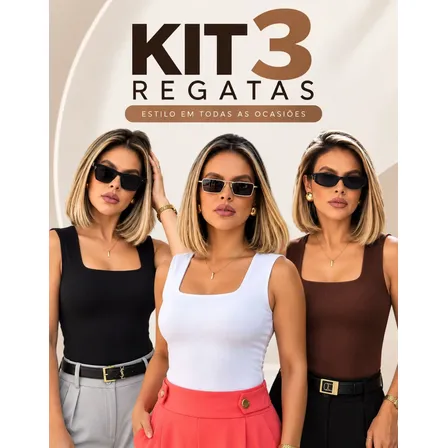 Kit 3 Blusas Regata Feminino Decote Quadrado Alça Grossa