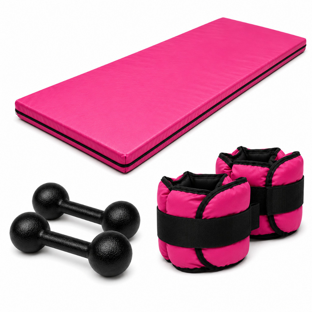 KIT FITNESS COMPLETO COLCHONETE ROSA + PAR 1KG HALTER BOLA + PAR 1KG CANELEIRA ROSA | TREINO EM CASA OU ACADEMIA TL