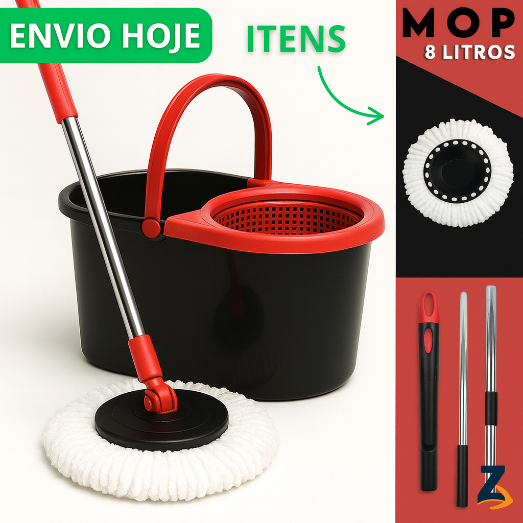 Mop Giratório Cabo Grande de 120 cm 8 Litros Cesto Em Plástico e Inox - Balde Centrífuga Preto
