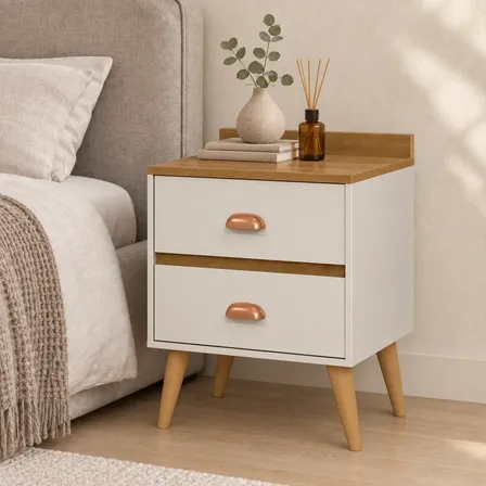 Mesa De Cabeceira Retrô Com 2 Gavetas Compacta Pés Palito