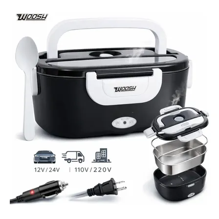 Marmita Elétrica Preta Bivolt Portátil Doméstica 110/220v Veicular 12/24v Lancheira 1.5l Com Divisórias Esquenta Rápido Refeições Práticas Trabalho Casa Carro Caminhão Viagem Faculdade Woosh