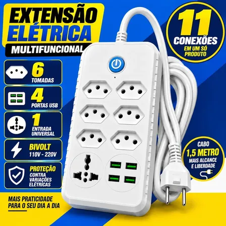Extensão Elétrica 6 Tomadas e 1 Universal + 4 Usb Carregamento Rápido Bivolt Com Cabo Reforçado - HW