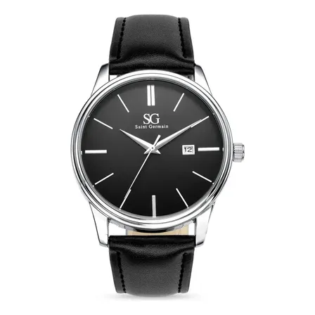 Relógio Masculino Chrowl Saint Germain Pulseira Couro Caixa Prateada Fundo Preto 42mm Clássico