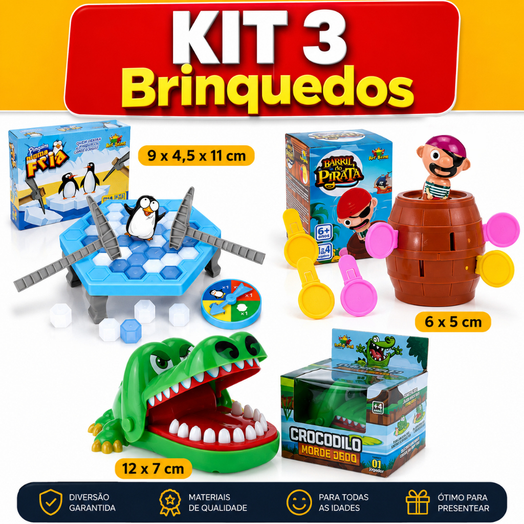 Kit 3 BRINQUEDOS Barril Pula Pirata + Crocodilo Morde Dedo +Pinguim quebra gelo Jogo Tabuleiro Mesa