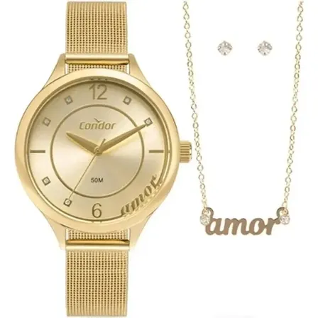 Relógio De Pulso Condor Mimos E Sutilezas CO2035NBP Kit 3 Pçs Dourado Feminino