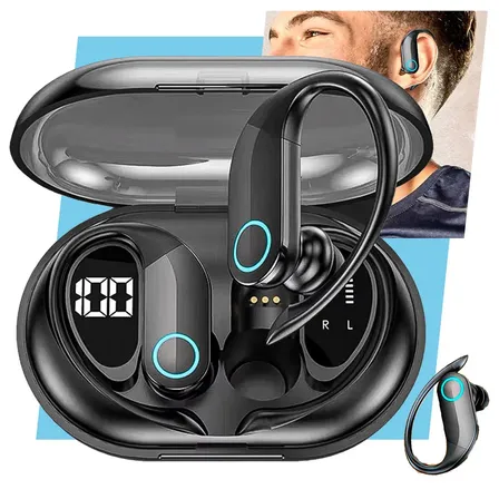 Fone de Ouvido Bluetooth TWS Esportivo com Gancho para Academia e Corrida
