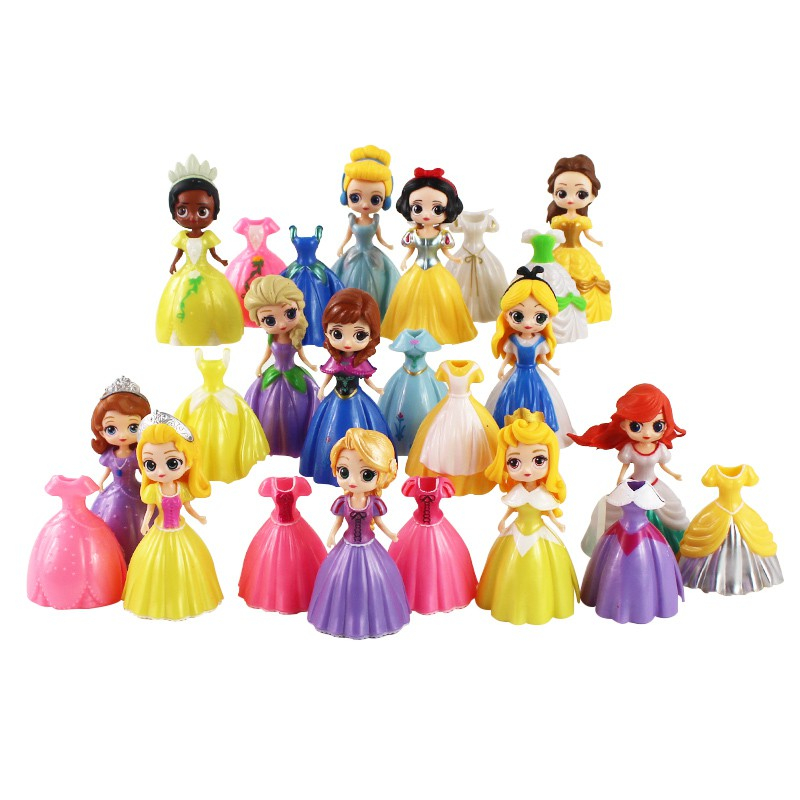 24 Pçs/Set Princesa Branca De Neve Elsa Anna Rapunzel Jasmine Cinderela Sofia Ariel Mulan Mudar Roupas Versão Q Figuras