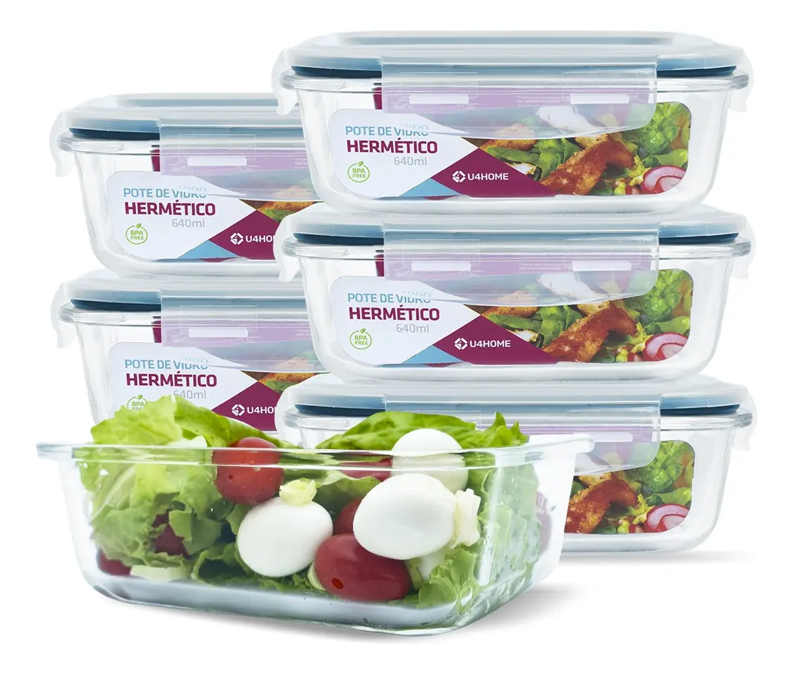 Conjunto 6 Pote Vidro Hermético Marmita Tampa Plástico 640ml Cor Azul (cl)