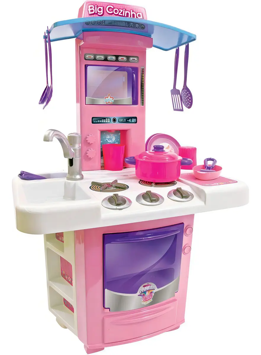 Cozinha Infantil Big Star Rosa 69cm Torneira Água Fogão Forno 16 Peças