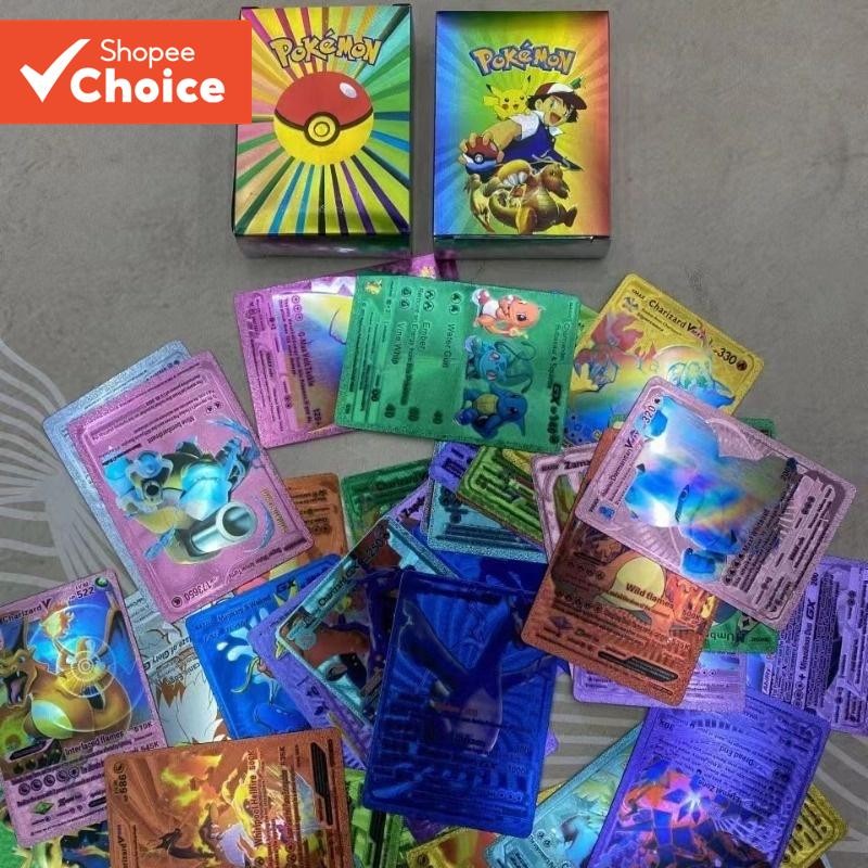 Cartões PCS Pokemon Coloridos Metálicos Ouro Vmax GX Energy Card Charizard Pikachu Coleção Battle Trainer