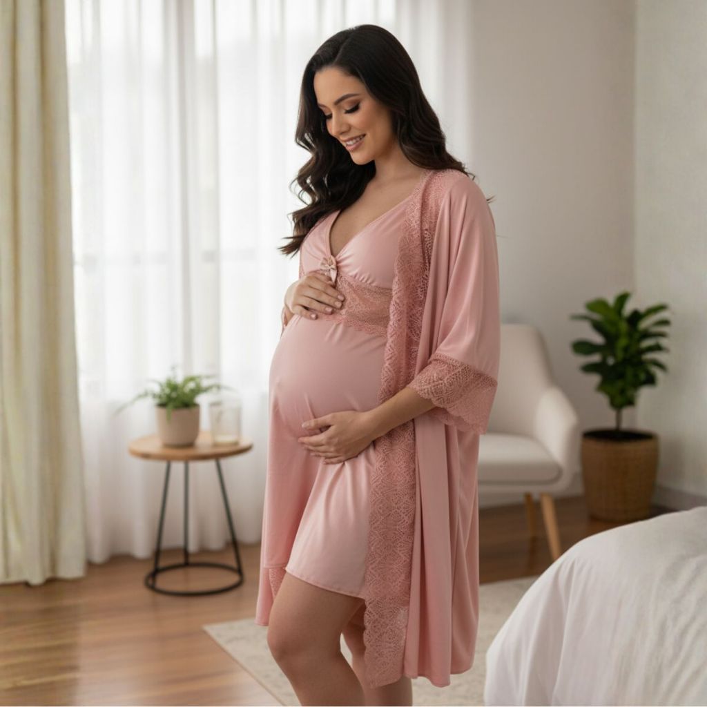 KIT Camisola Amamentação Maternidade e Pós Parto + Robe em Microfibra com Renda.