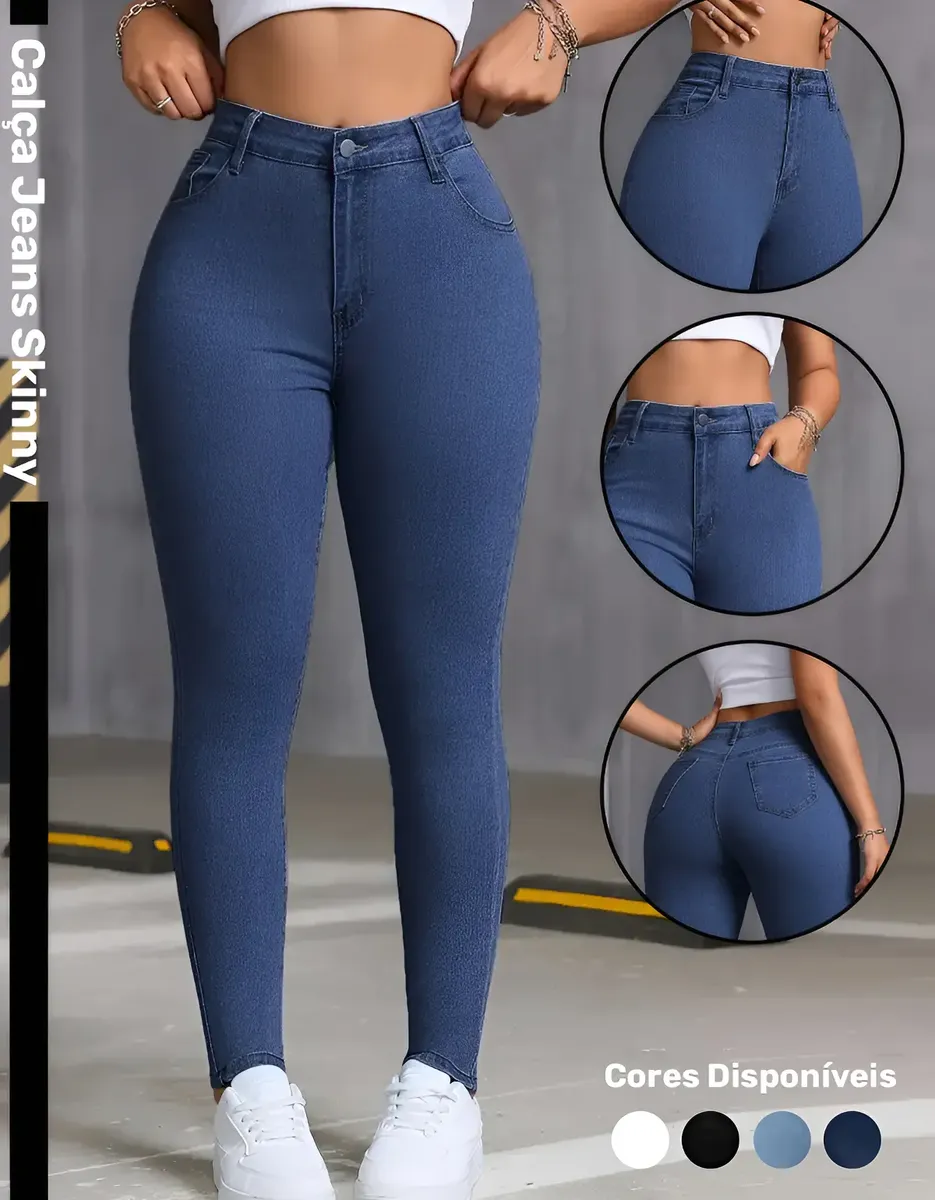 Calça Skinny Jeans Básica Feminina Cintura Alta Look Casual