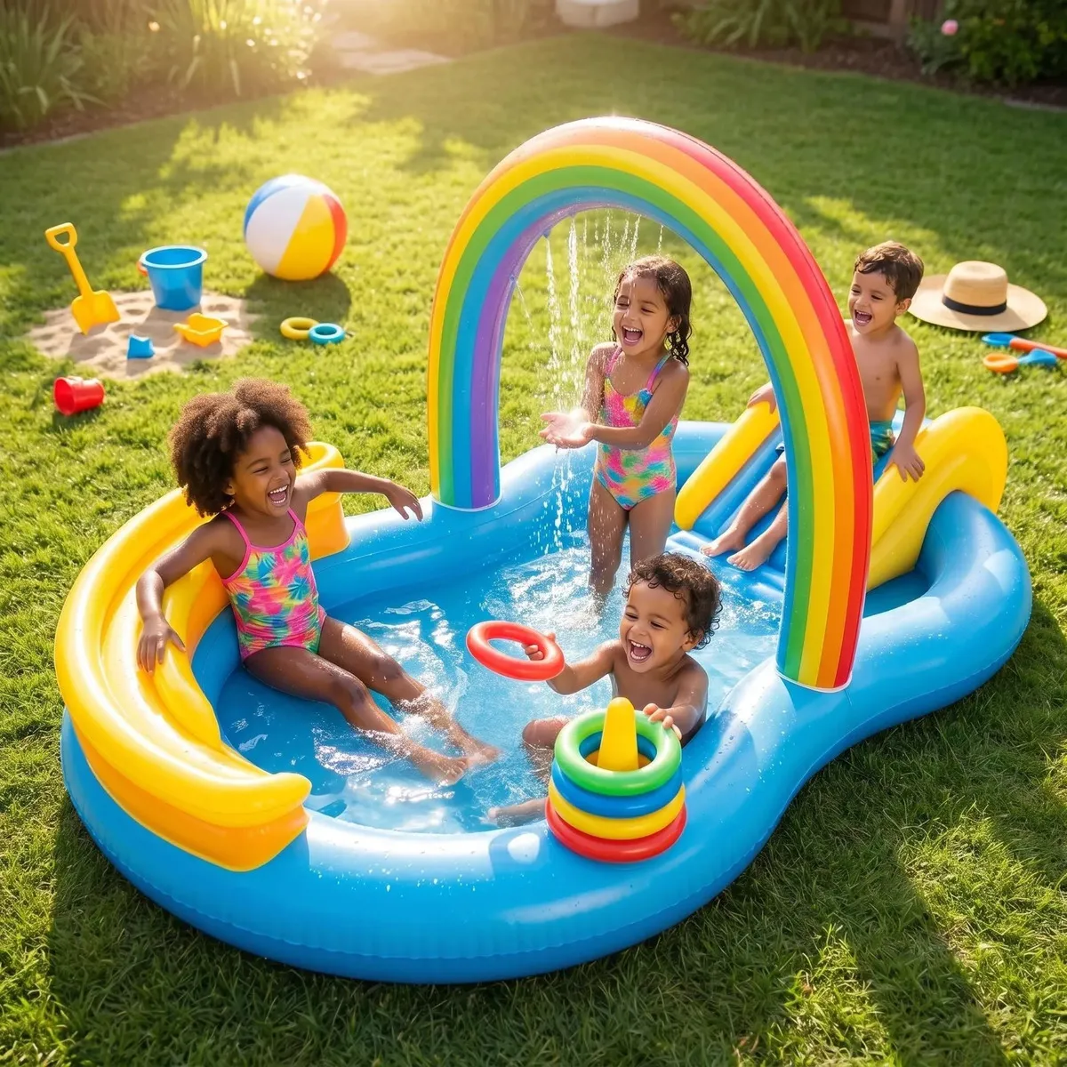 Piscina Infantil Inflável Com Escorregador E Arco-íris Azul-celeste