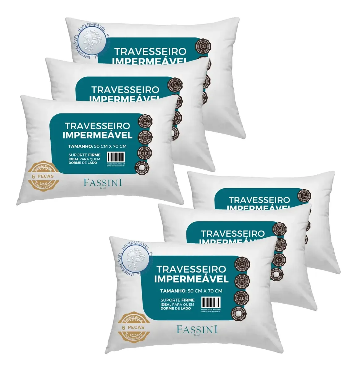 Kit 6 Travesseiros Antialérgico Impermeável 50x70 Lavável  Branco