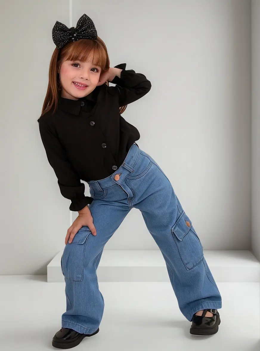 Calça Jeans Infantil Juvenil Wide Leg Cargo Boca Larga