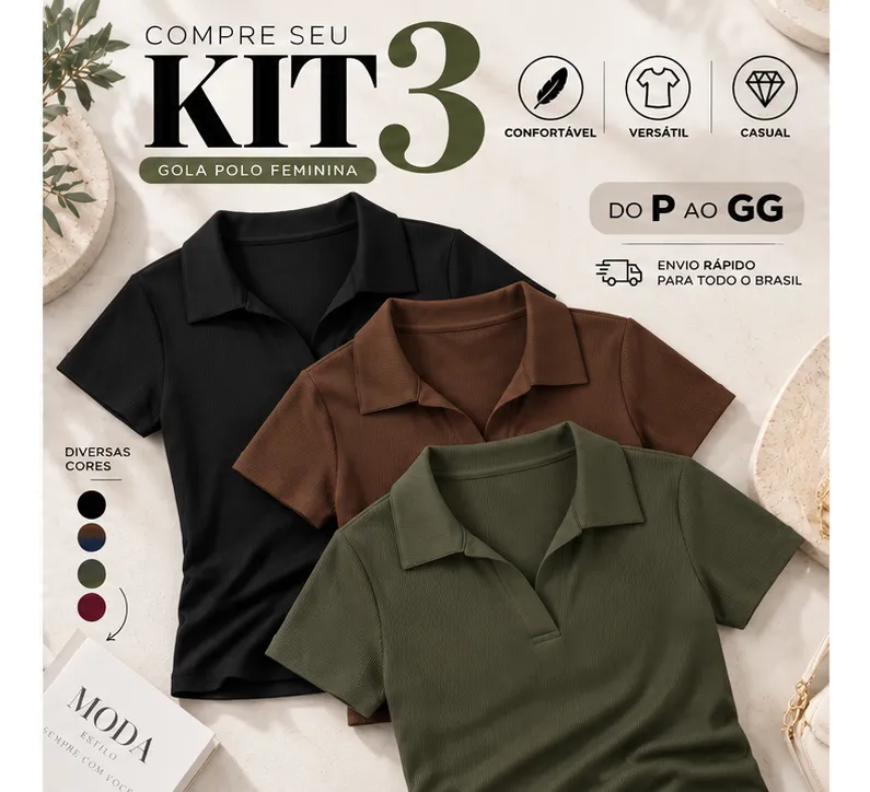 Kit 3 Blusa Feminina Gola Polo Canelada Básica Casual Lisa Preto, Marrom E Verde Liso P/m (36/42)