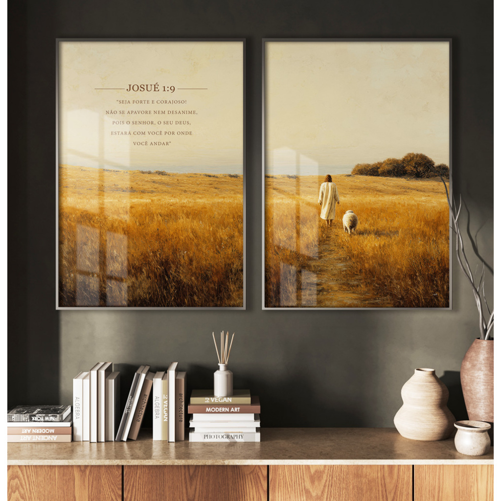 Quadros Decorativos Com Moldura Filete Sala Quarto Duo Arte Religiosa O Pastor E A Ovelha Josué 1:9