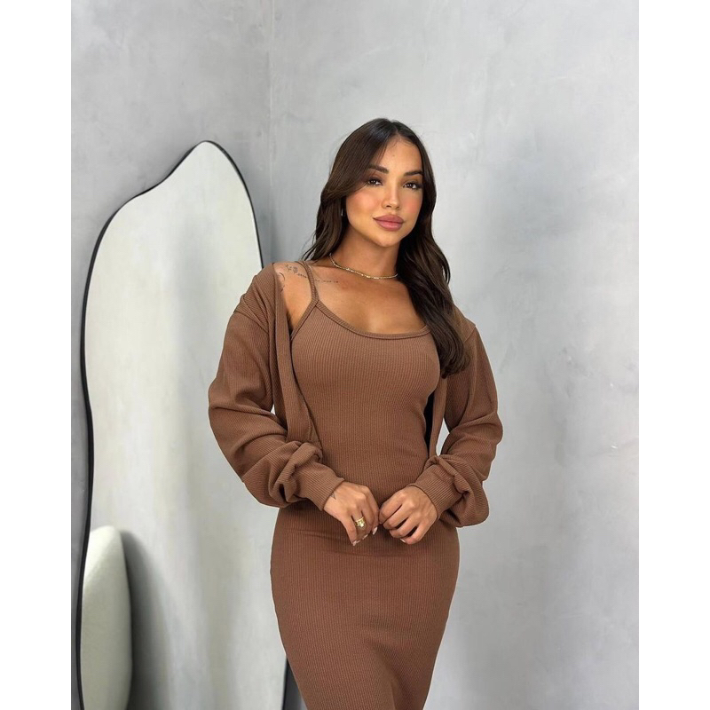 Conjunto Feminino Vestido Longo + Casaco  Vestido Midi com Bojo confortavel de alta Qualidade