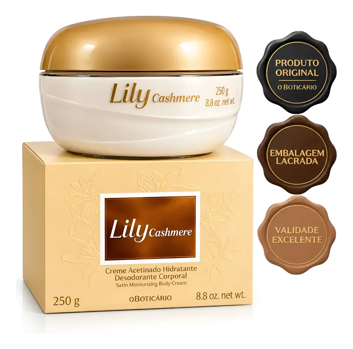 Creme Acetinado Hidratante Lily Cashmere 250g Boticario Baunilha