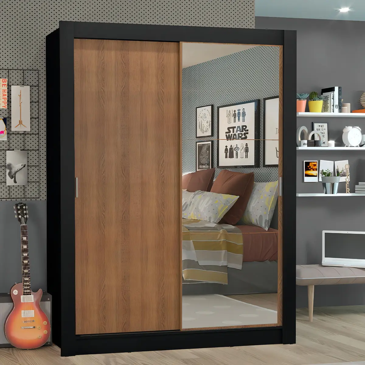 Guarda-roupa Solteiro Madesa Denver 2 Portas C Espelho P Cor Preto/Rustic