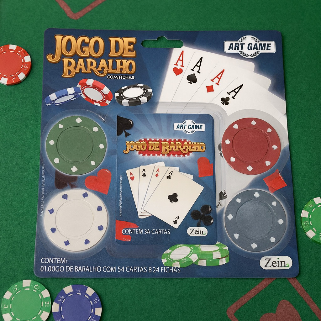 Jogo de Poker Baralho 54 Cartas E Com 24 Fichas - Art Game