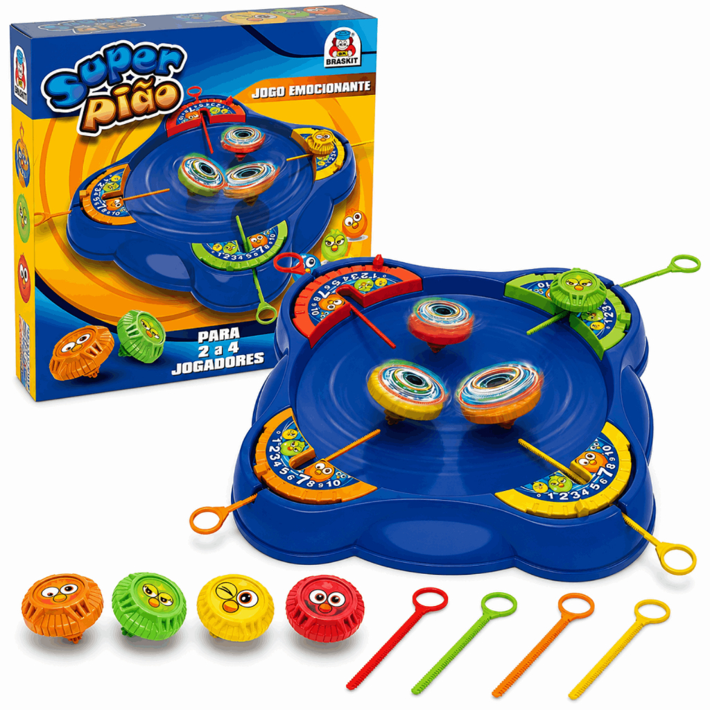 Jogo Super Pião Braskit Arena de Batalha com 4 Piões e 4 Lançadores Brinquedo Infantil 4+ Anos