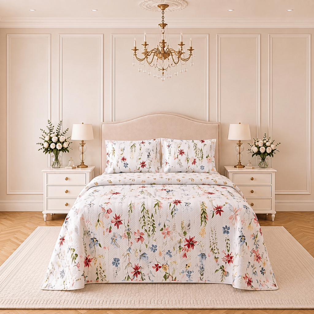 Kit Colcha Cobre Leito Casal Queen King Dupla Face Floral Estampada Matelada Boutis Super Macia