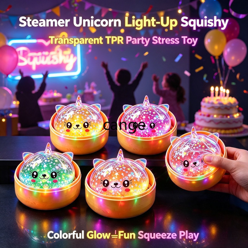 6cm LED Light-Up Unicórnio Bun Brinquedo Mole Com Cesta De Vapor Estrela Grânulo Fidget Squeeze Brilhante Alívio Do Estr