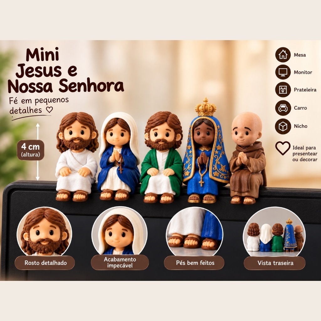 Mini Jesus ou Mini Maria Sentado 4cm Decorativo em Impressão 3D Para Mesa Monitor Prateleira Nicho
