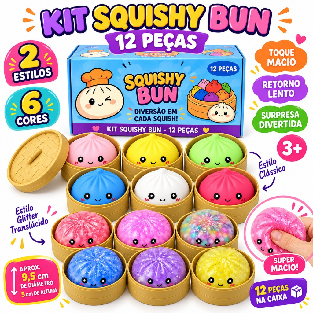 Squishy Bun Sensorial 2 Estilos 2 Tamanhos 6 Cores Brinquedo Macio Anti Estresse Retorno Lento 3+
