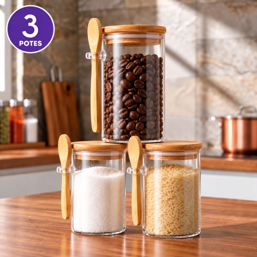Pote/Colher de Vidro com Tampa de Bambu Hermético Colher 900ml Porta Mantimentos Temperos Saleiro