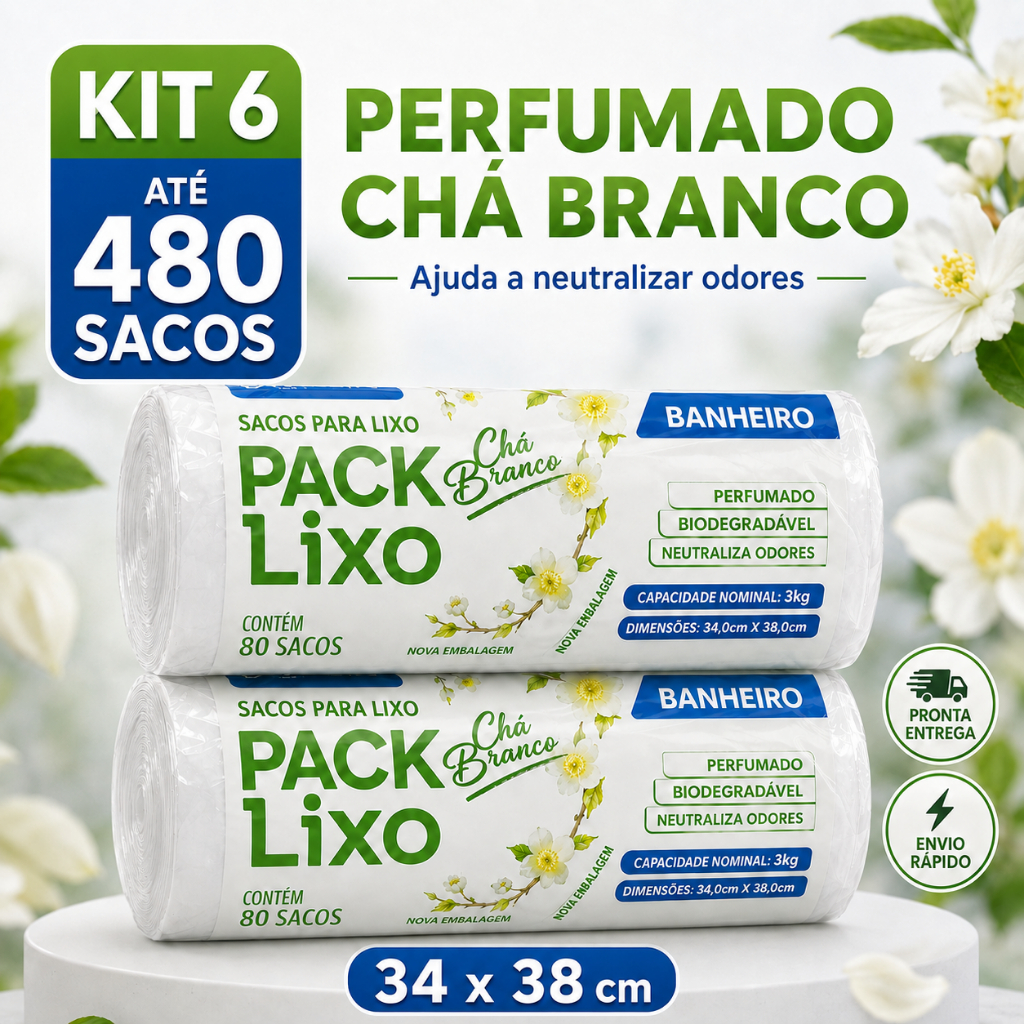 Sacos de Lixo Perfumado Chá Branco Kit Para Pia e Banheiro 34x38cm Neutraliza Odores 10L Cheiroso