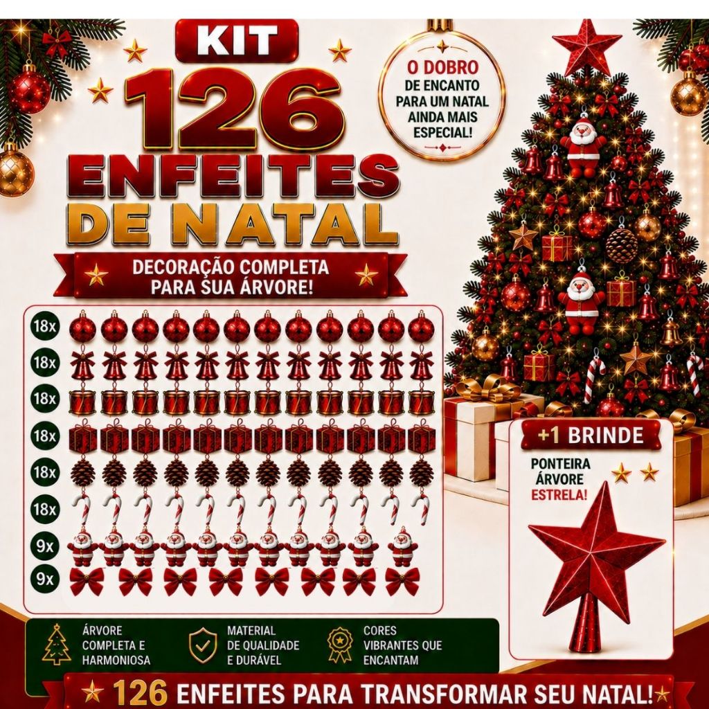 Kit 126 Enfeites Arvore de Natal Completo Decorada Decoração Natalina Acessórios Bolinhas Laços + Estrela Brinde