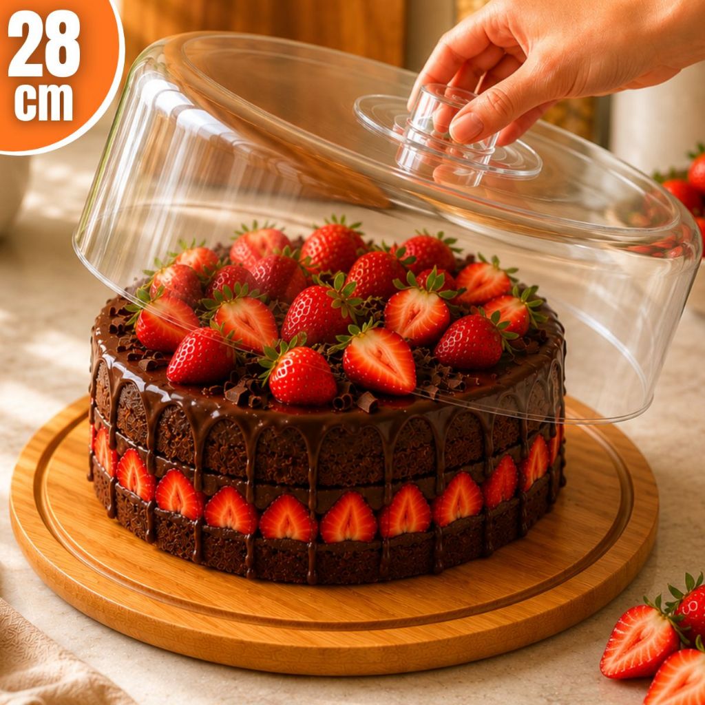 Boleira Base Bambu Com Tampa Em Acrílico Porta Bolo Queijeira Doces Torta Pudim Queijo Grande 28cm