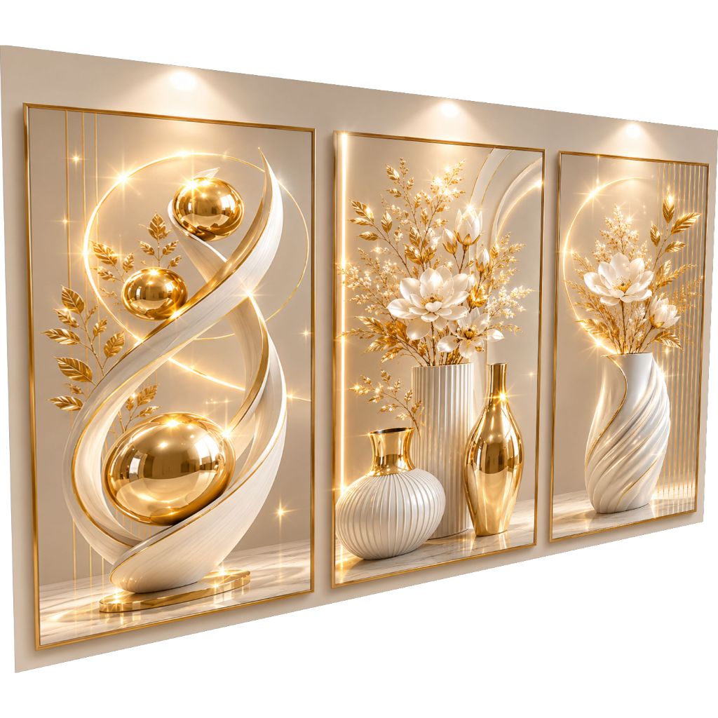 Kit De Quadros Brilhantes Vasos Elegantes Abstratos Geométricos Modernos Luxo Gold Hall (V.BRILHO)