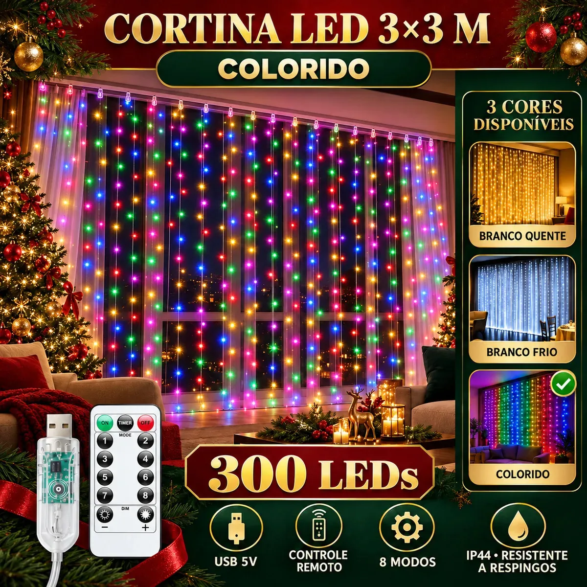 Pisca Cortina 300 Leds 3x3m Usb Ip44 8 Modos Iluminação Luzes Fada Decoração De Natal Festa Colorido Luvinco