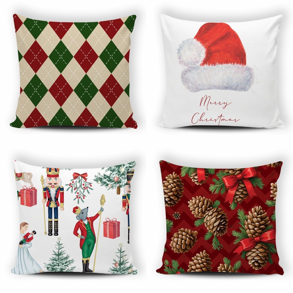 Kit 4 Capas de Almofada Natal Decoração Natalina Estampa Papai Noel