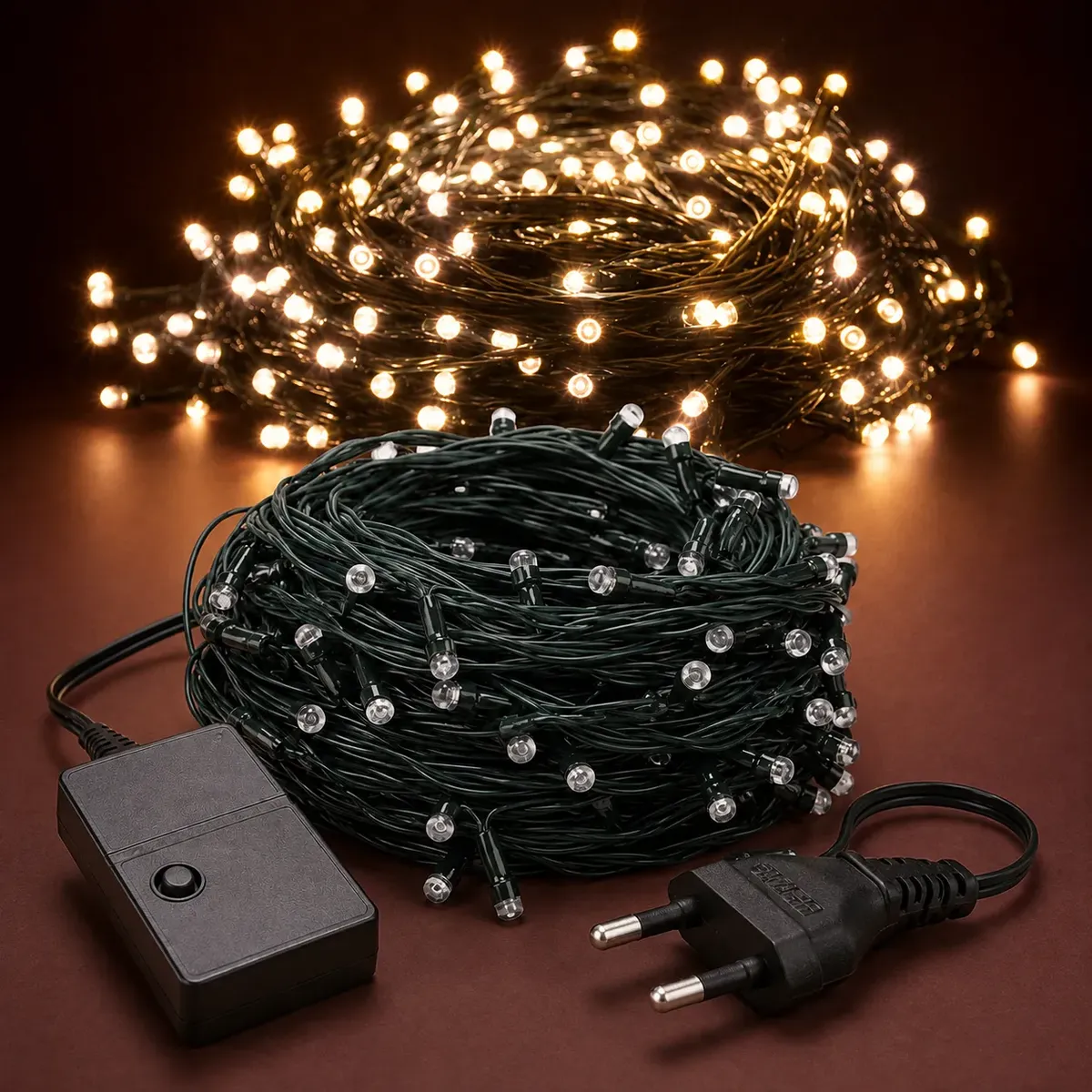 Cordão 200 Leds Pisca 20 Metros 8 Funções V8 Natal Fio Verde Branco Quente 220v