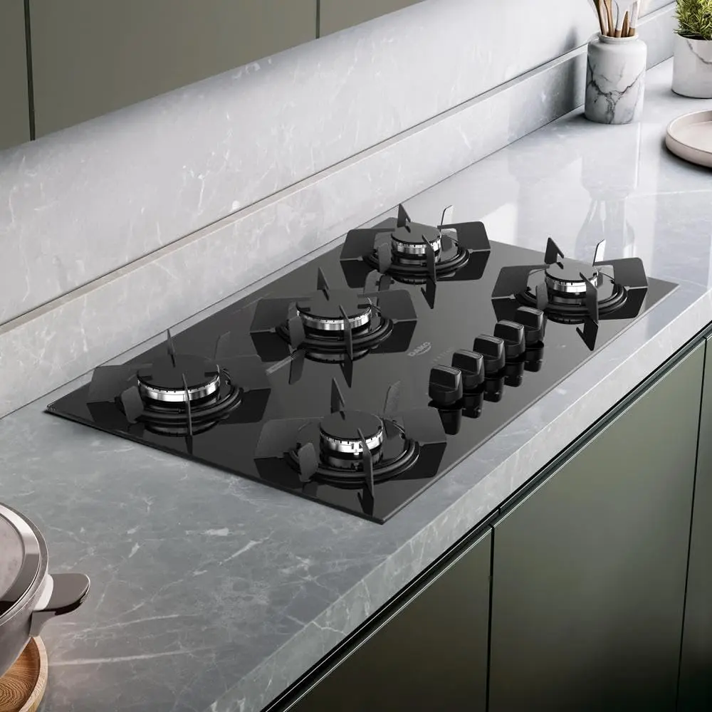 Cooktop 5 Bocas Dako Pratiko com Mesa de Vidro Acendimento Super Automático e Mega Chama Preto Bivolt