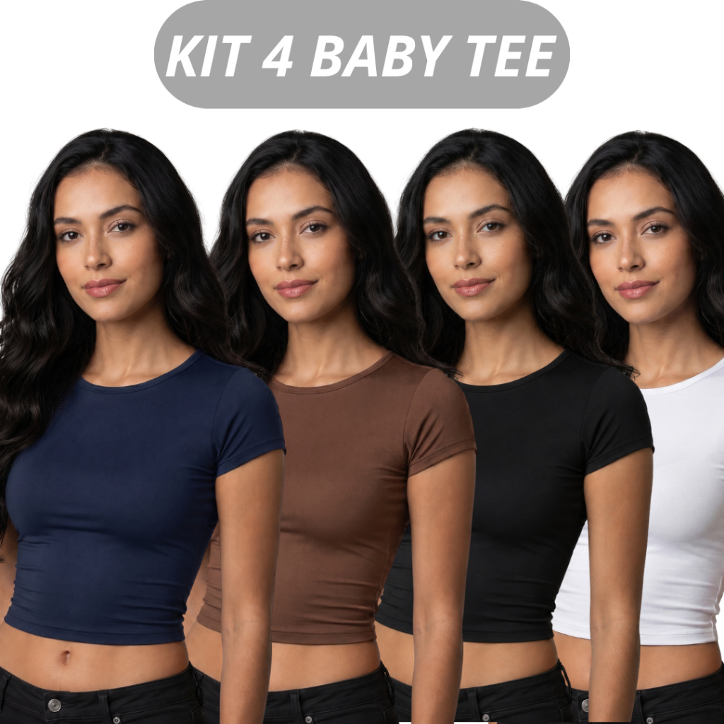 Kit 4 Baby Tee Feminina - Blusa Slim Fit Manga Curta Blusa de Compressão Várias Cores Ajuste Perfeito MODA LUXO