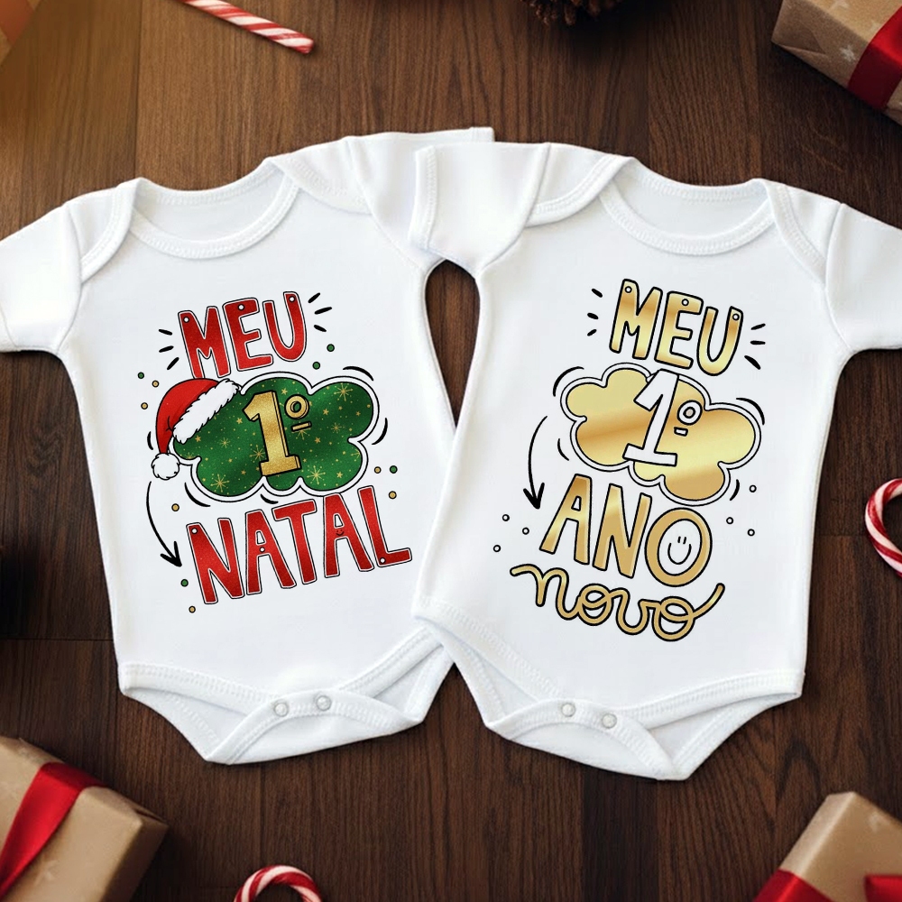Kit 2 Bodys Roupinhas de Bebê Meu 1º Primeiro Natal Natalino e Ano Novo Reveillon 2026