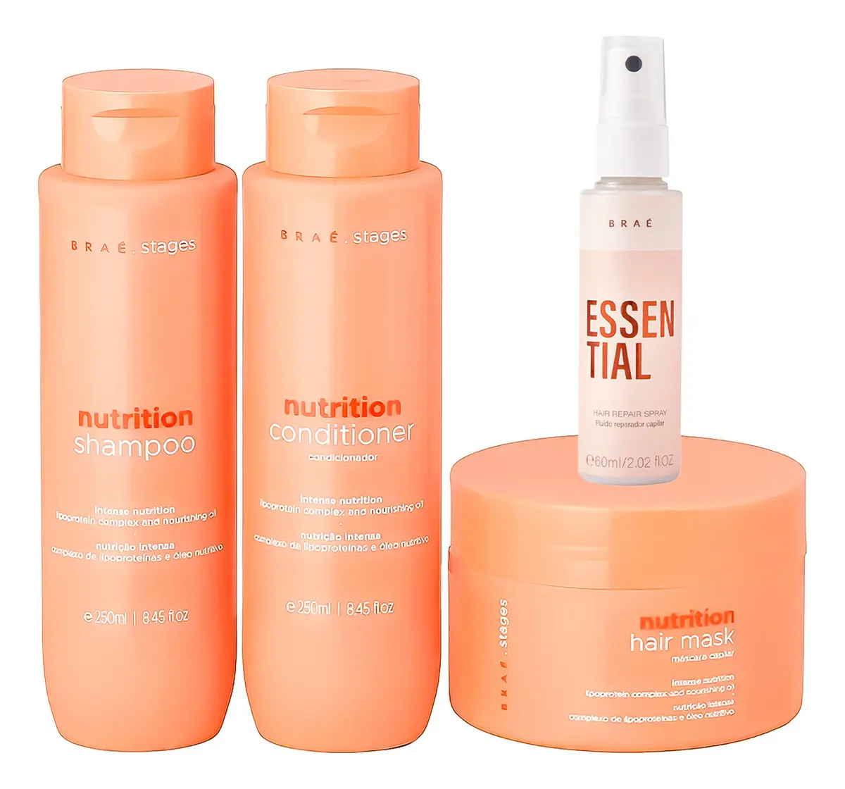 Kit Braé Stages Nutrition Shampoo,cond,másc + Essential 60ml