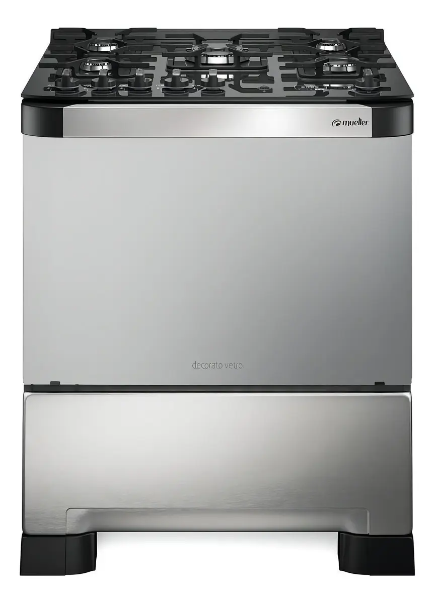 Fogão Mueller 5 bocas Decorato Vetro Inox com mesa de vidro e Timer digital