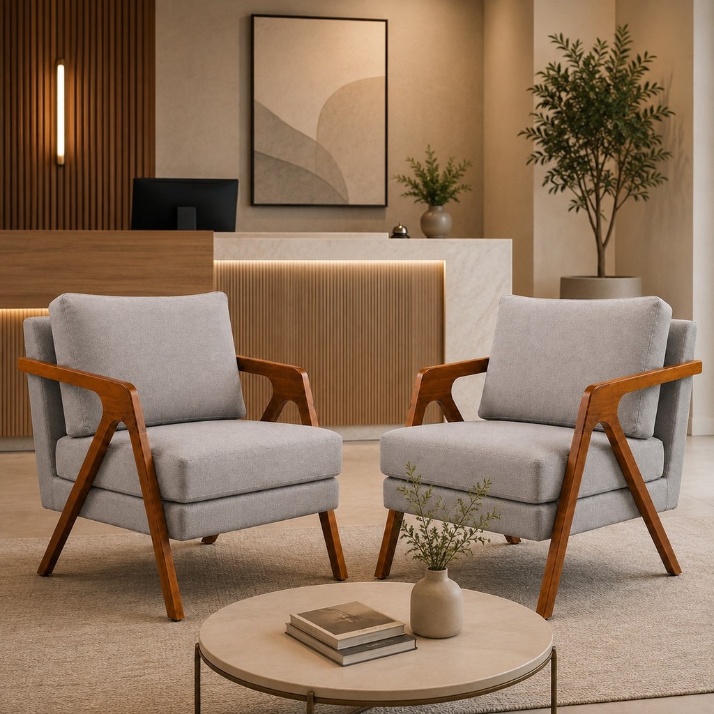 Duas Poltronas Mona Decorativas Modernas Kit Para Sala Recepção Consultório Escritório Madeira Maciça